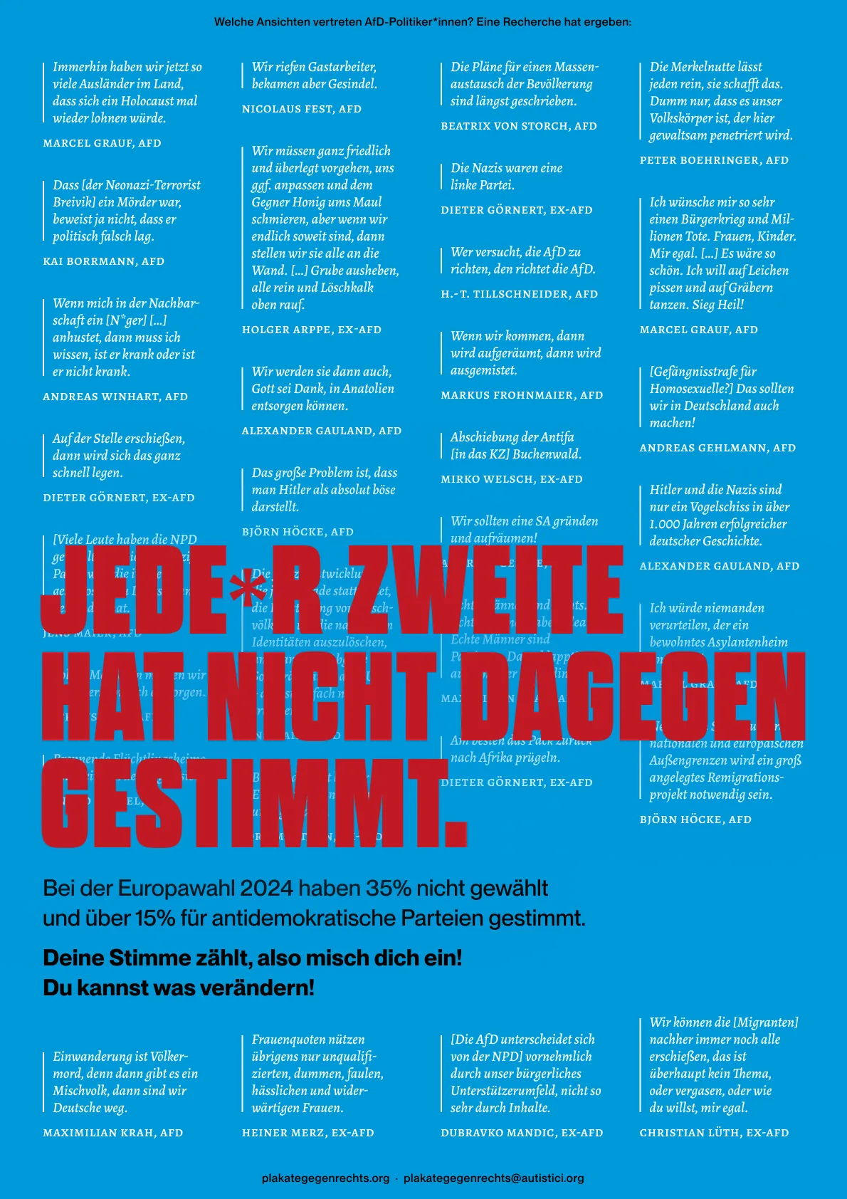 Ein Poster, auf dem im Hintergrund viele menschenverachtende Zitate von (zum Teil ehemaligen) AFD-Mitgliedern zu sehen sind. Im Vordergrund steht die Aufschrift »Jede*r Zweite hat nicht dagegen gestimmt«.