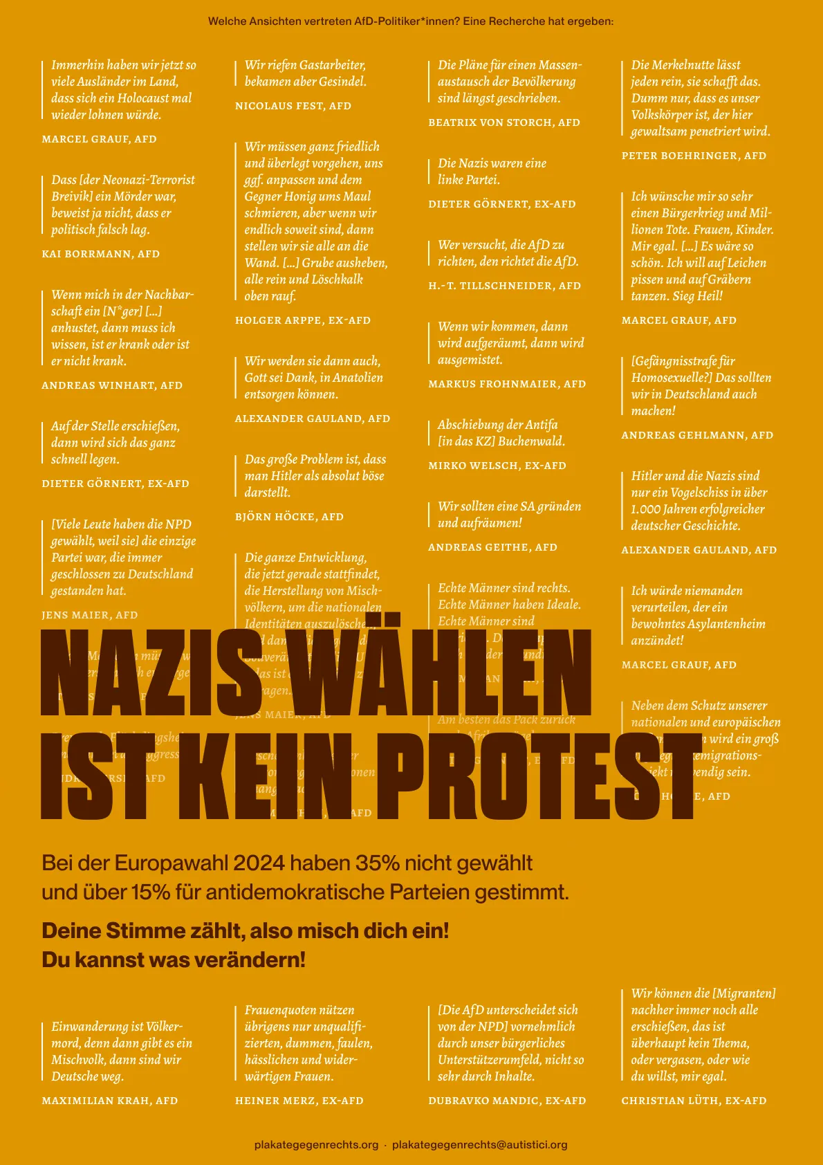 Ein Poster, auf dem im Hintergrund viele menschenverachtende Zitate von (zum Teil ehemaligen) AFD-Mitgliedern zu sehen sind. Im Vordergrund steht die Aufschrift »Nazis wählen ist kein Protest«.