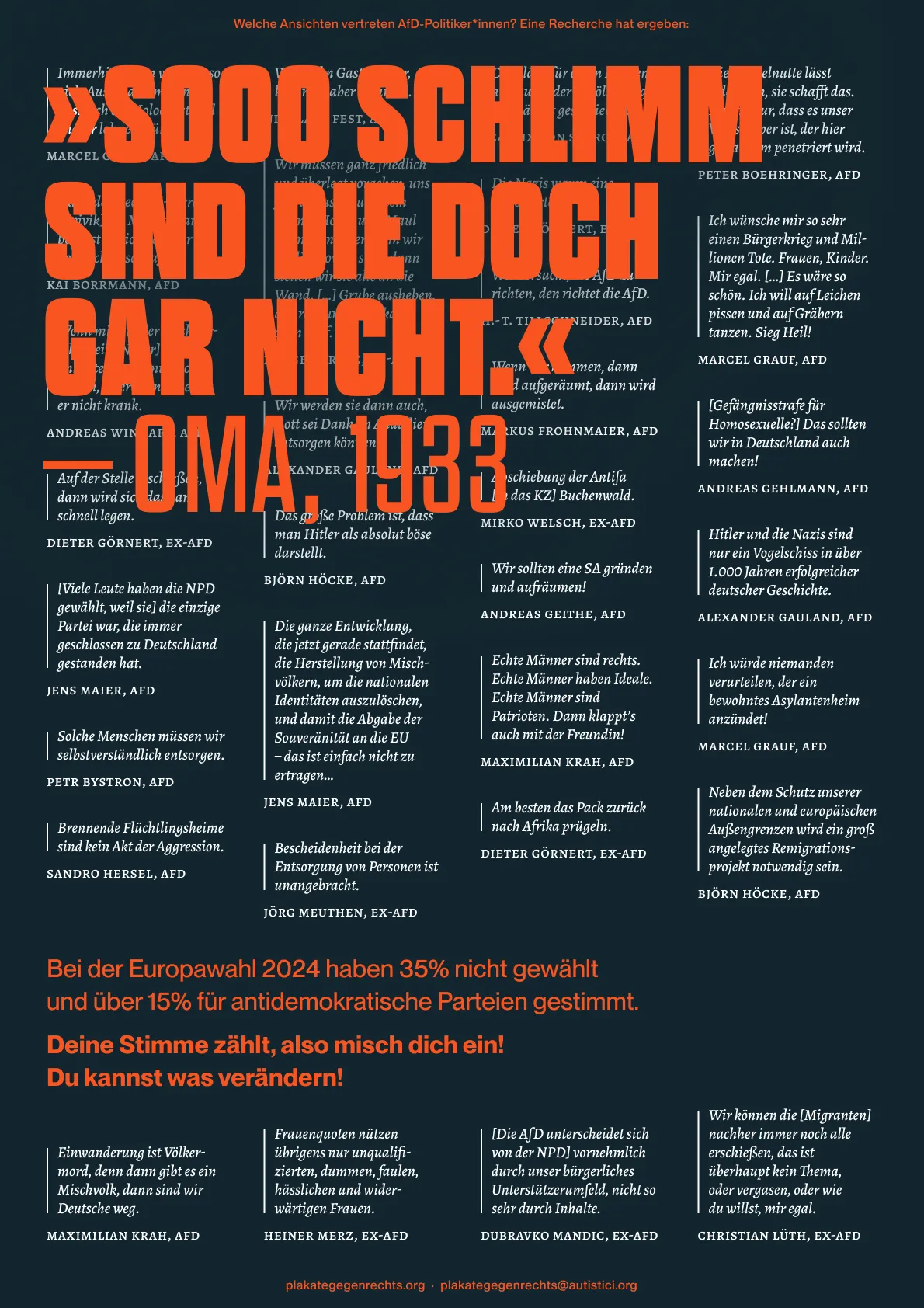 Ein Poster, auf dem im Hintergrund viele menschenverachtende Zitate von (zum Teil ehemaligen) AFD-Mitgliedern zu sehen sind. Im Vordergrund steht die Aufschrift »Soo schlimm sind die doch gar nicht — Oma, 1933«.