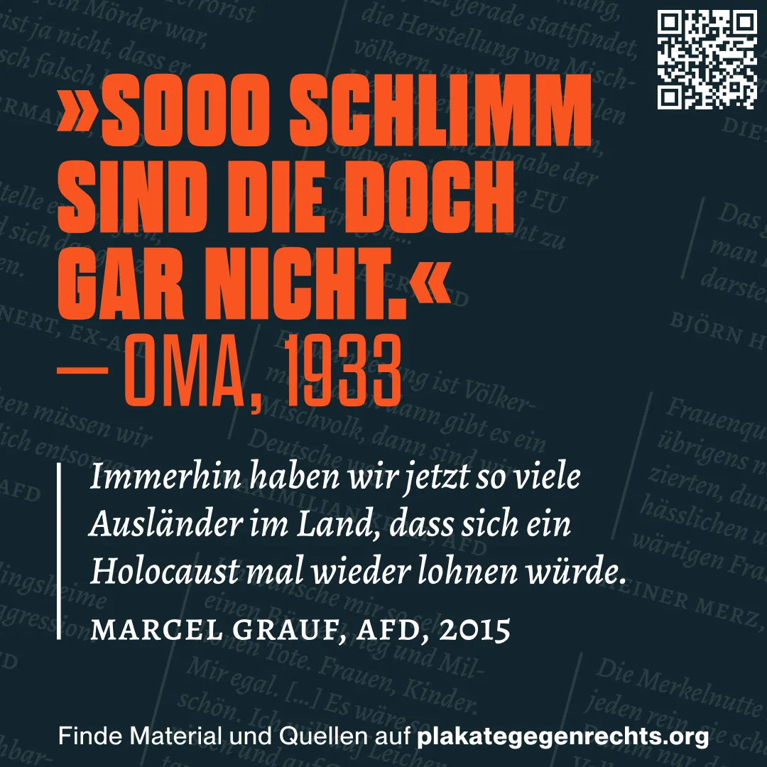 Ein Sticker mit der Überschrift »Soo schlimm sind die doch gar nicht — Oma, 1933« und dem Zitat »Immerhin haben wir jetzt so viele Ausländer im Land, dass sich ein Holocaust mal wieder lohnen würde.« von Marcel Grauf, AfD, darunter.
