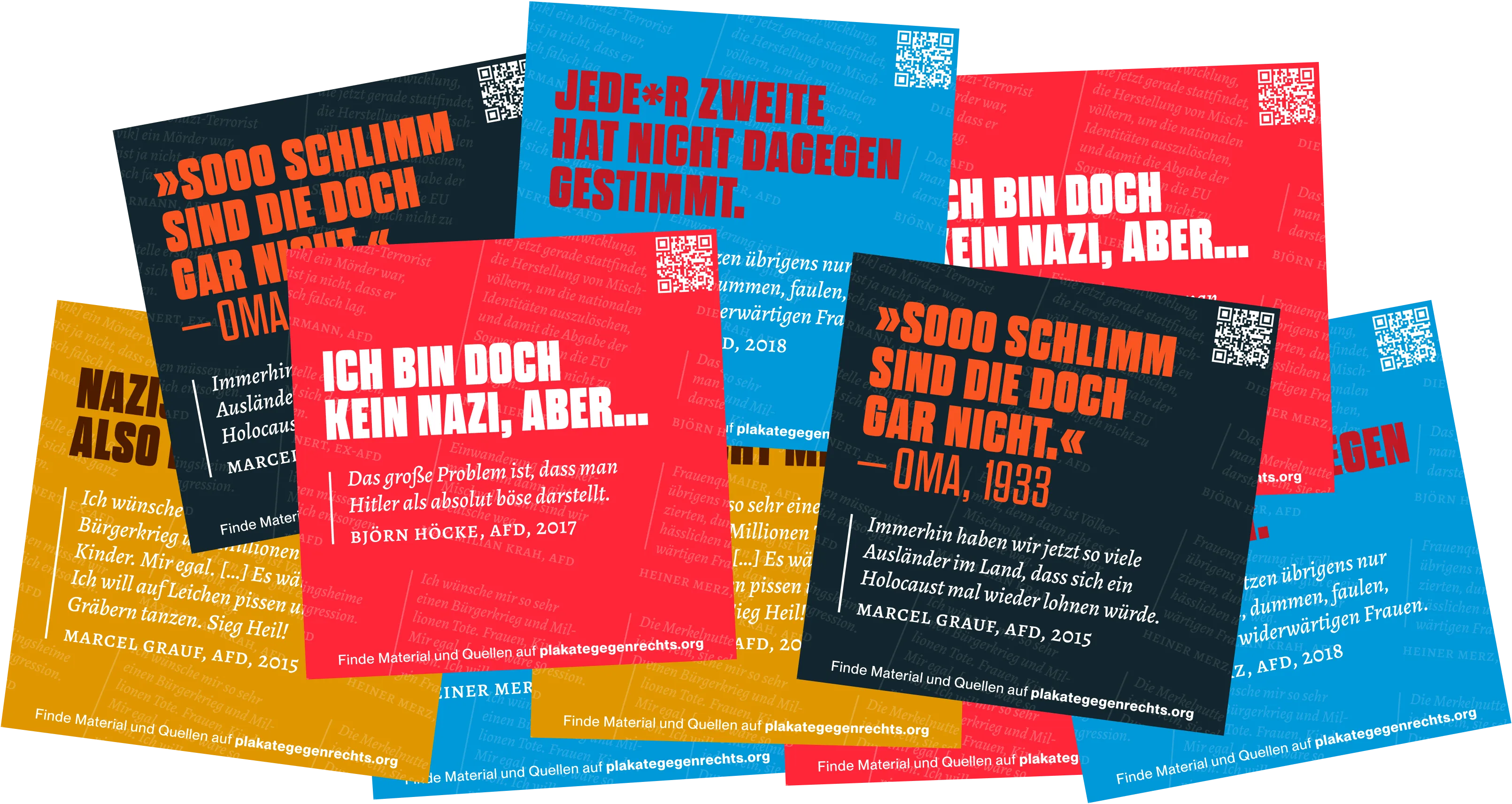 Viele übereinander angeordnete Sticker in verschiedenen Farben und mit verschiedenen Headlines und AfD-Zitaten